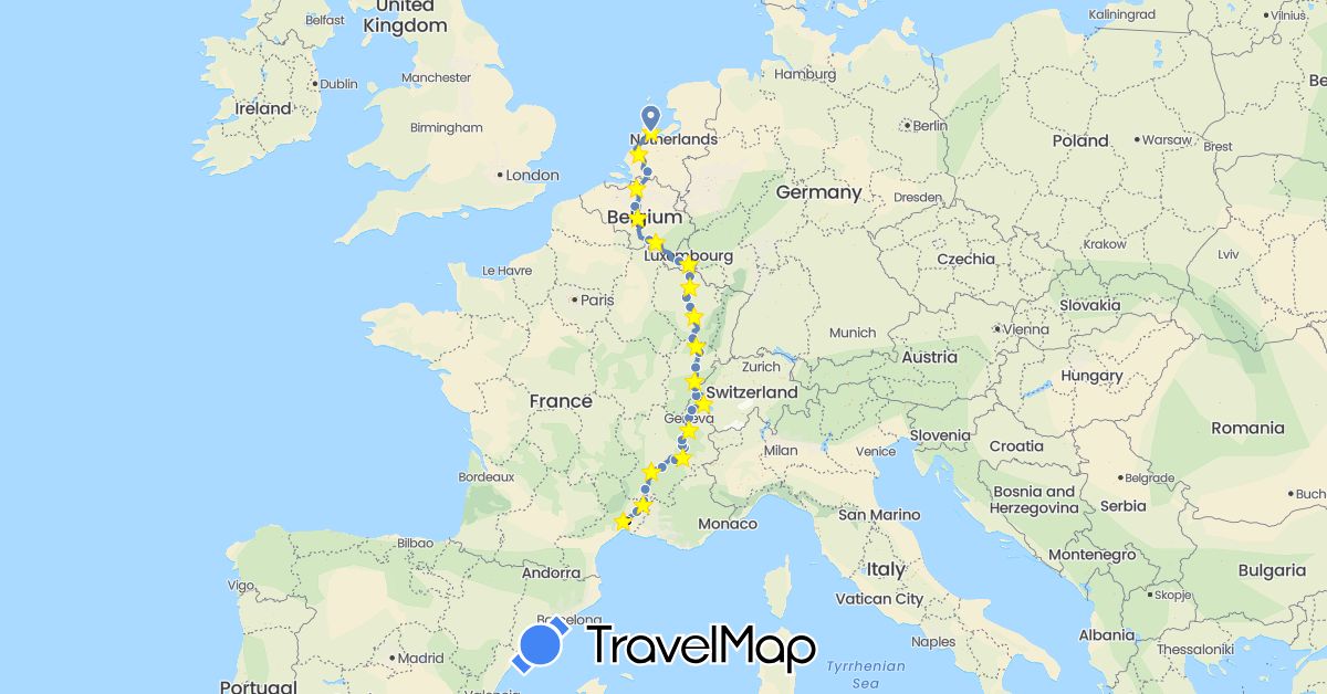 TravelMap itinerary: driving, cycling in Belgium, Switzerland, France, Luxembourg, Netherlands (Europe)