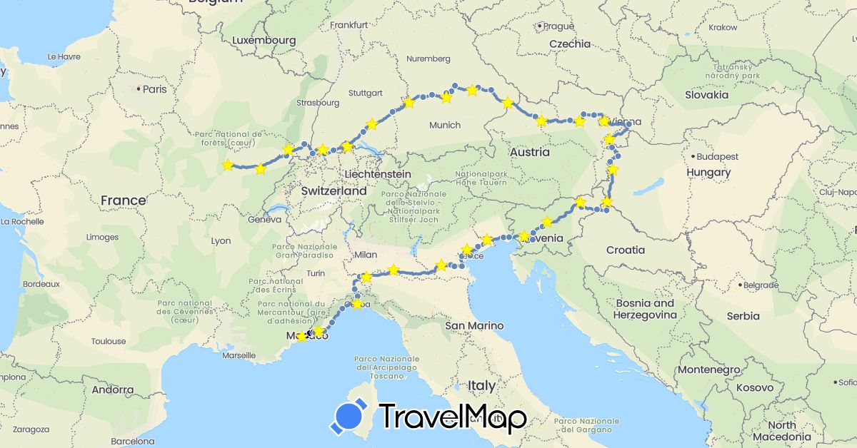 TravelMap itinerary: driving, cycling in Austria, Switzerland, Germany, France, Croatia, Hungary, Italy, Slovenia, Slovakia (Europe)